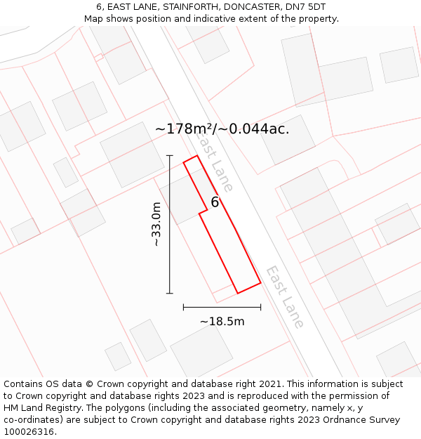 6, EAST LANE, STAINFORTH, DONCASTER, DN7 5DT: Plot and title map