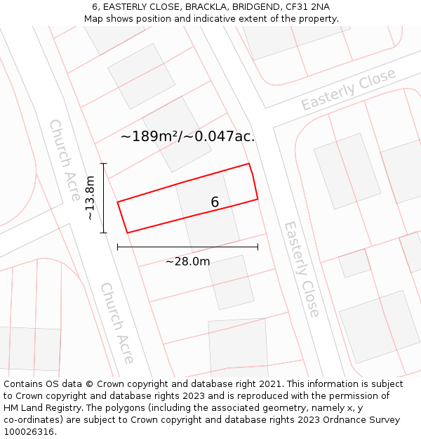 6, EASTERLY CLOSE, BRACKLA, BRIDGEND, CF31 2NA: Plot and title map
