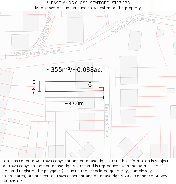 6, EASTLANDS CLOSE, STAFFORD, ST17 9BD: Plot and title map