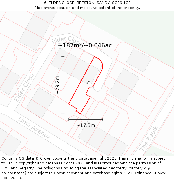 6, ELDER CLOSE, BEESTON, SANDY, SG19 1GF: Plot and title map
