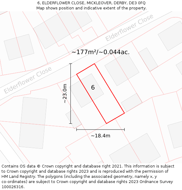 6, ELDERFLOWER CLOSE, MICKLEOVER, DERBY, DE3 0FQ: Plot and title map