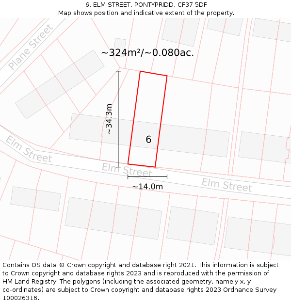 6, ELM STREET, PONTYPRIDD, CF37 5DF: Plot and title map