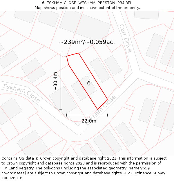 6, ESKHAM CLOSE, WESHAM, PRESTON, PR4 3EL: Plot and title map