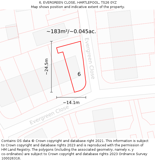 6, EVERGREEN CLOSE, HARTLEPOOL, TS26 0YZ: Plot and title map