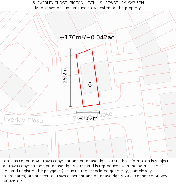 6, EVERLEY CLOSE, BICTON HEATH, SHREWSBURY, SY3 5PN: Plot and title map