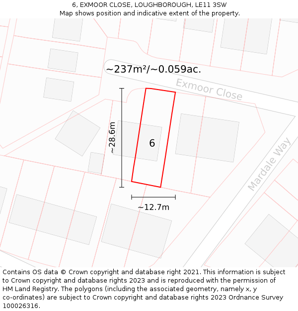 6, EXMOOR CLOSE, LOUGHBOROUGH, LE11 3SW: Plot and title map