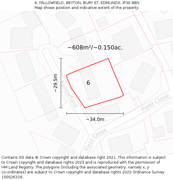 6, FALLOWFIELD, BEYTON, BURY ST. EDMUNDS, IP30 9BN: Plot and title map
