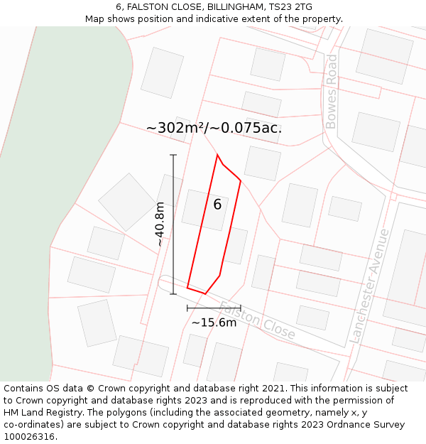 6, FALSTON CLOSE, BILLINGHAM, TS23 2TG: Plot and title map