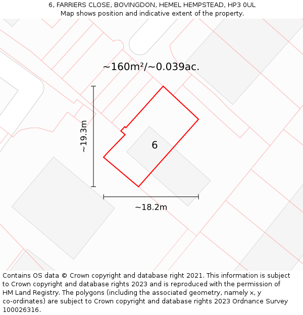 6, FARRIERS CLOSE, BOVINGDON, HEMEL HEMPSTEAD, HP3 0UL: Plot and title map