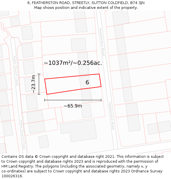 6, FEATHERSTON ROAD, STREETLY, SUTTON COLDFIELD, B74 3JN: Plot and title map