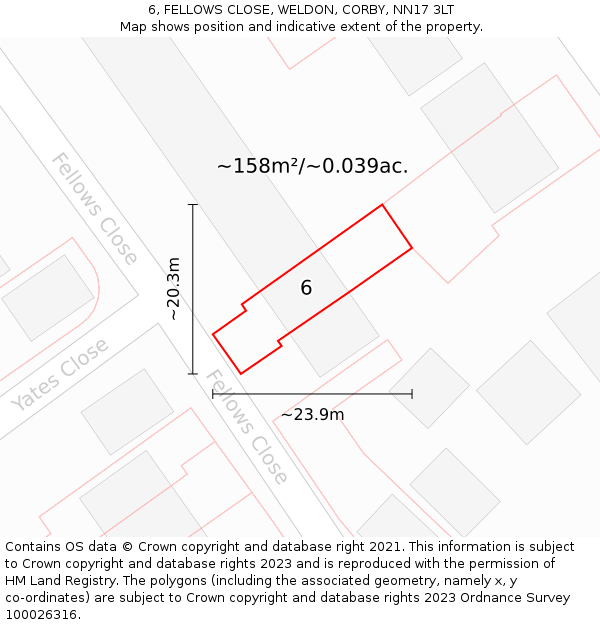 6, FELLOWS CLOSE, WELDON, CORBY, NN17 3LT: Plot and title map