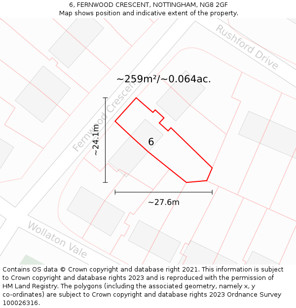 6, FERNWOOD CRESCENT, NOTTINGHAM, NG8 2GF: Plot and title map