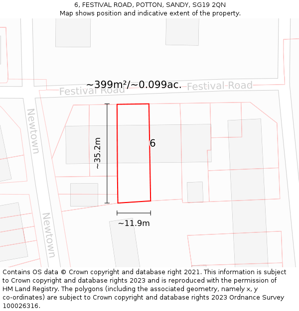 6, FESTIVAL ROAD, POTTON, SANDY, SG19 2QN: Plot and title map