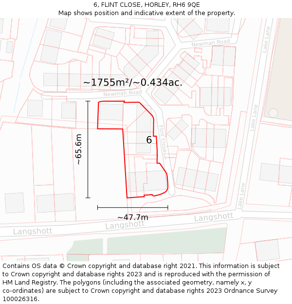 6, FLINT CLOSE, HORLEY, RH6 9QE: Plot and title map
