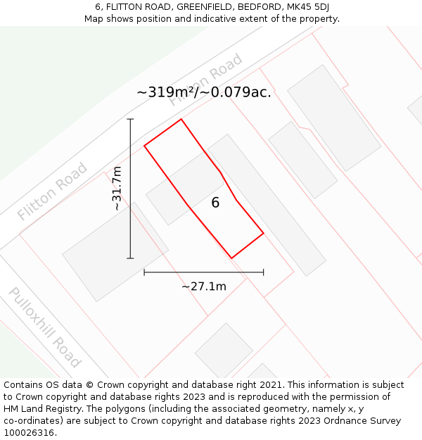 6, FLITTON ROAD, GREENFIELD, BEDFORD, MK45 5DJ: Plot and title map
