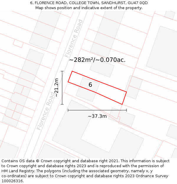 6, FLORENCE ROAD, COLLEGE TOWN, SANDHURST, GU47 0QD: Plot and title map