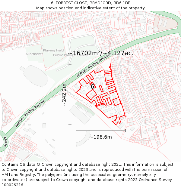 6, FORREST CLOSE, BRADFORD, BD6 1BB: Plot and title map