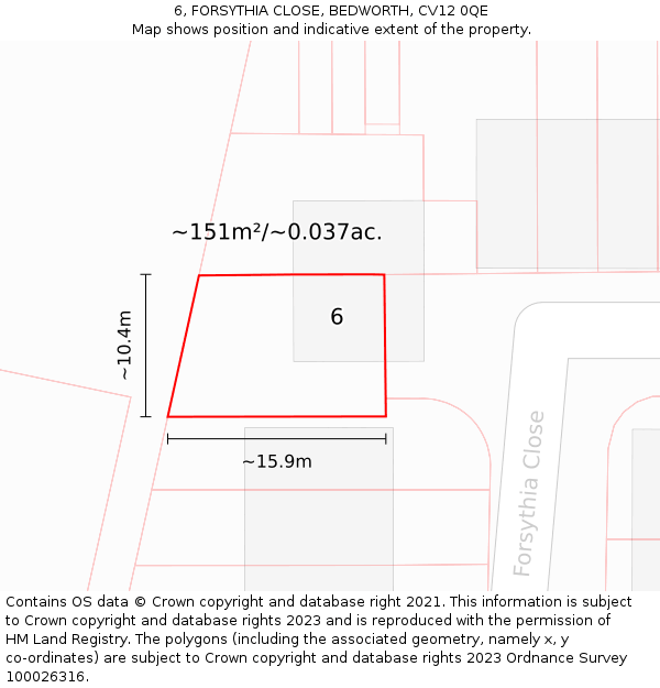 6, FORSYTHIA CLOSE, BEDWORTH, CV12 0QE: Plot and title map