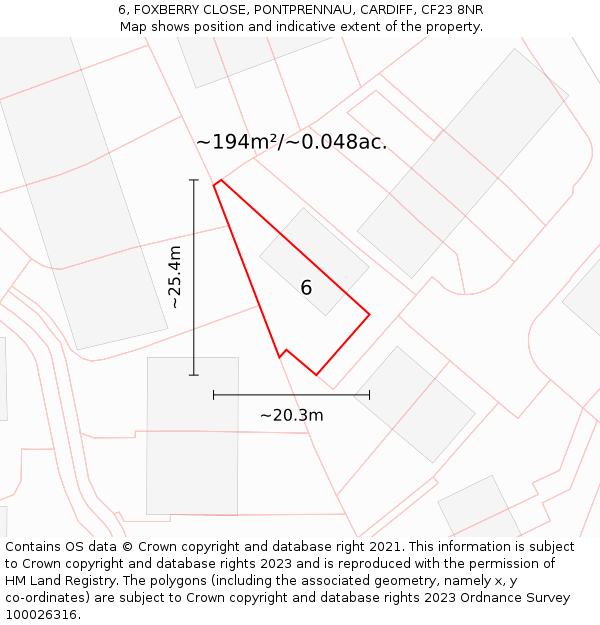 6, FOXBERRY CLOSE, PONTPRENNAU, CARDIFF, CF23 8NR: Plot and title map