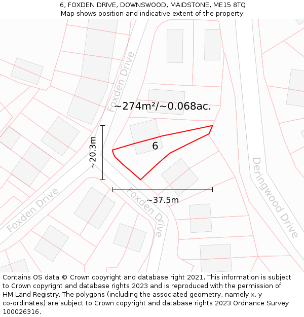 6, FOXDEN DRIVE, DOWNSWOOD, MAIDSTONE, ME15 8TQ: Plot and title map
