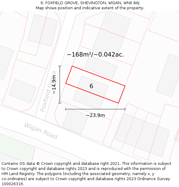 6, FOXFIELD GROVE, SHEVINGTON, WIGAN, WN6 8AJ: Plot and title map