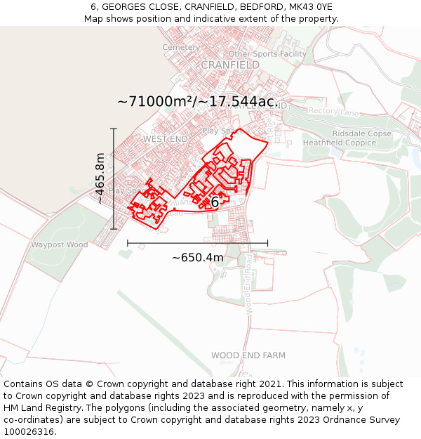 6, GEORGES CLOSE, CRANFIELD, BEDFORD, MK43 0YE: Plot and title map