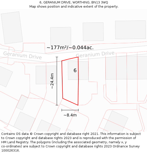 6, GERANIUM DRIVE, WORTHING, BN13 3WQ: Plot and title map