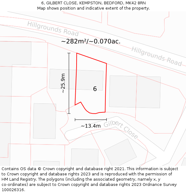 6, GILBERT CLOSE, KEMPSTON, BEDFORD, MK42 8RN: Plot and title map