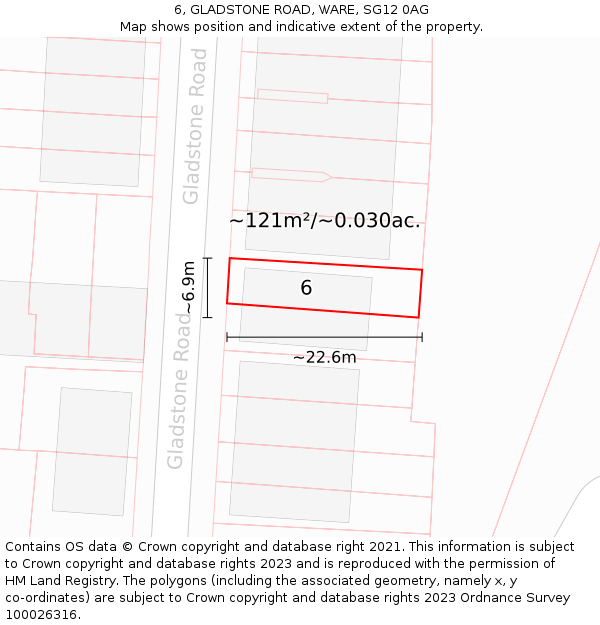 6, GLADSTONE ROAD, WARE, SG12 0AG: Plot and title map