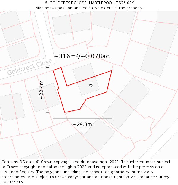 6, GOLDCREST CLOSE, HARTLEPOOL, TS26 0RY: Plot and title map