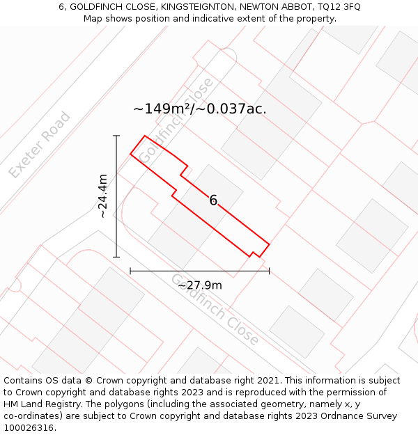 6, GOLDFINCH CLOSE, KINGSTEIGNTON, NEWTON ABBOT, TQ12 3FQ: Plot and title map