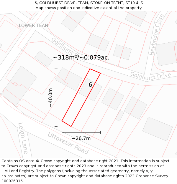 6, GOLDHURST DRIVE, TEAN, STOKE-ON-TRENT, ST10 4LS: Plot and title map