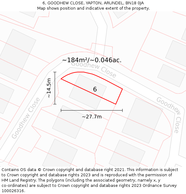6, GOODHEW CLOSE, YAPTON, ARUNDEL, BN18 0JA: Plot and title map