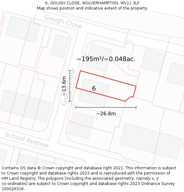 6, GOUGH CLOSE, WOLVERHAMPTON, WV11 3LF: Plot and title map