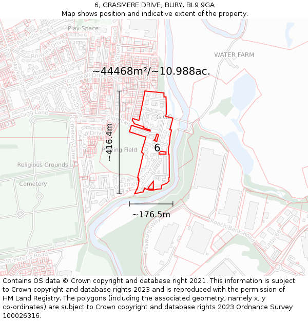 6, GRASMERE DRIVE, BURY, BL9 9GA: Plot and title map