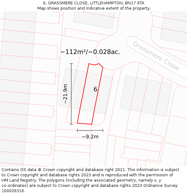 6, GRASSMERE CLOSE, LITTLEHAMPTON, BN17 6TA: Plot and title map