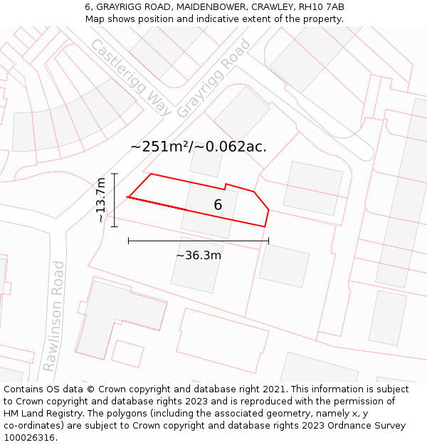 6, GRAYRIGG ROAD, MAIDENBOWER, CRAWLEY, RH10 7AB: Plot and title map