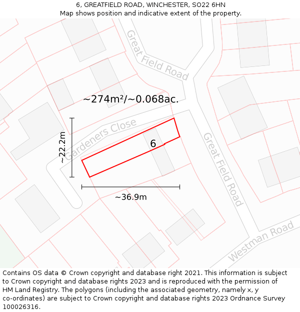 6, GREATFIELD ROAD, WINCHESTER, SO22 6HN: Plot and title map