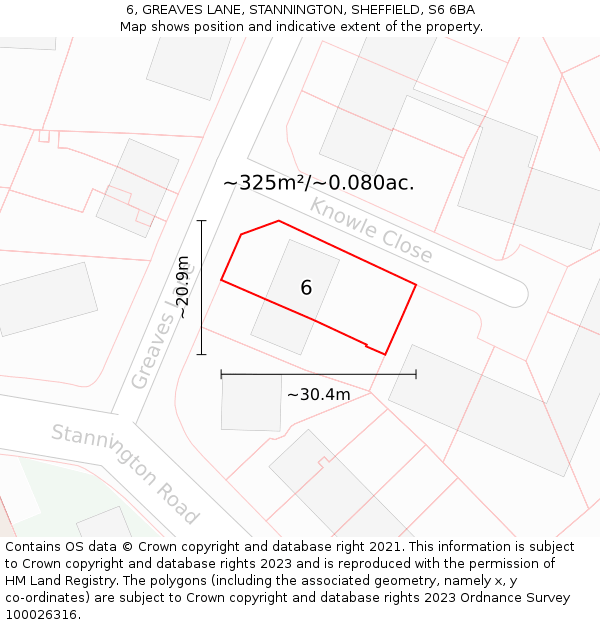 6, GREAVES LANE, STANNINGTON, SHEFFIELD, S6 6BA: Plot and title map