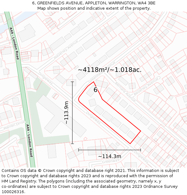 6, GREENFIELDS AVENUE, APPLETON, WARRINGTON, WA4 3BE: Plot and title map