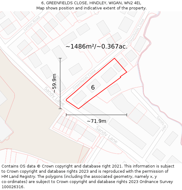 6, GREENFIELDS CLOSE, HINDLEY, WIGAN, WN2 4EL: Plot and title map