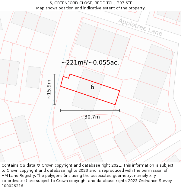 6, GREENFORD CLOSE, REDDITCH, B97 6TF: Plot and title map