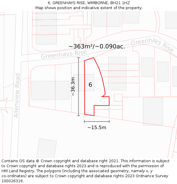 6, GREENHAYS RISE, WIMBORNE, BH21 1HZ: Plot and title map