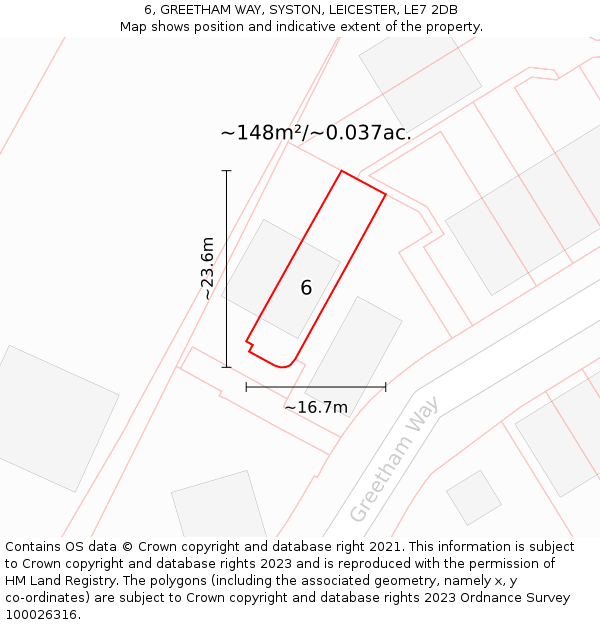 6, GREETHAM WAY, SYSTON, LEICESTER, LE7 2DB: Plot and title map