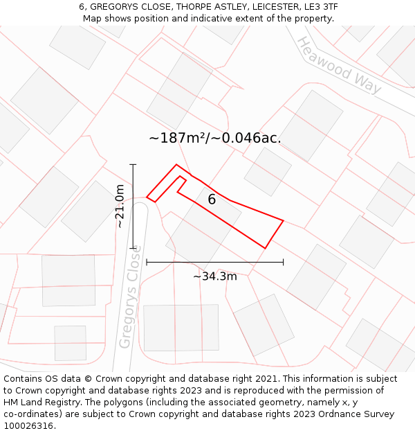 6, GREGORYS CLOSE, THORPE ASTLEY, LEICESTER, LE3 3TF: Plot and title map