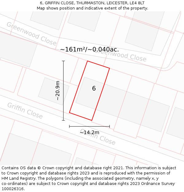 6, GRIFFIN CLOSE, THURMASTON, LEICESTER, LE4 8LT: Plot and title map