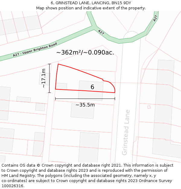 6, GRINSTEAD LANE, LANCING, BN15 9DY: Plot and title map