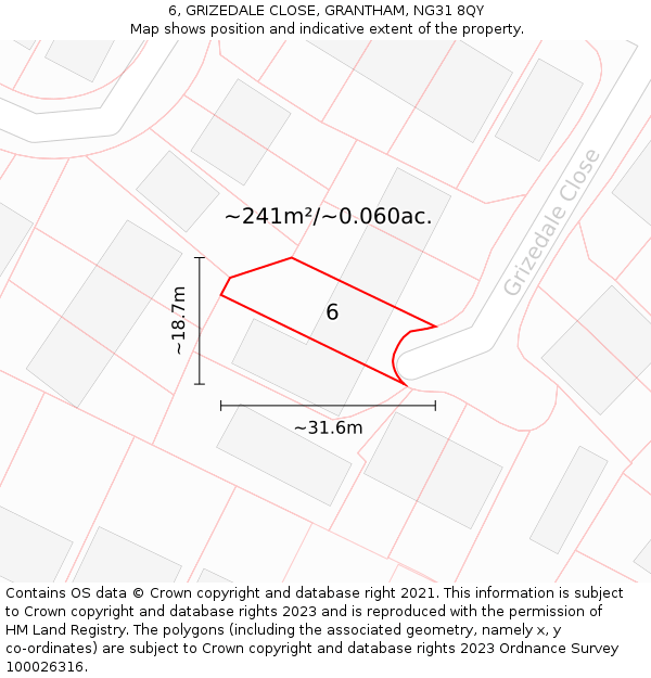 6, GRIZEDALE CLOSE, GRANTHAM, NG31 8QY: Plot and title map