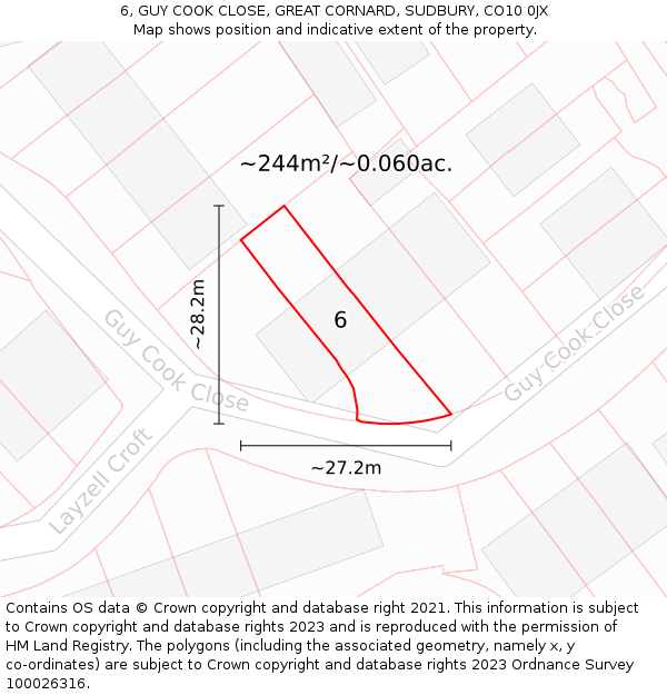 6, GUY COOK CLOSE, GREAT CORNARD, SUDBURY, CO10 0JX: Plot and title map