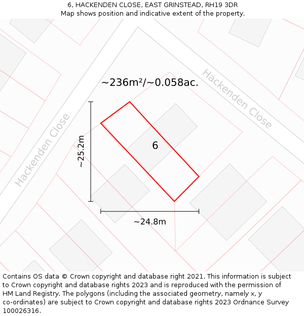 6, HACKENDEN CLOSE, EAST GRINSTEAD, RH19 3DR: Plot and title map